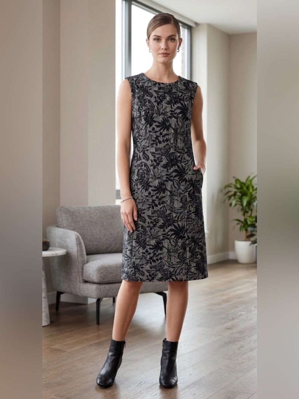 Nine West Sleeveless Floral Houndstooth Sheath Dress- Black, White - Sz 14 - NWT
